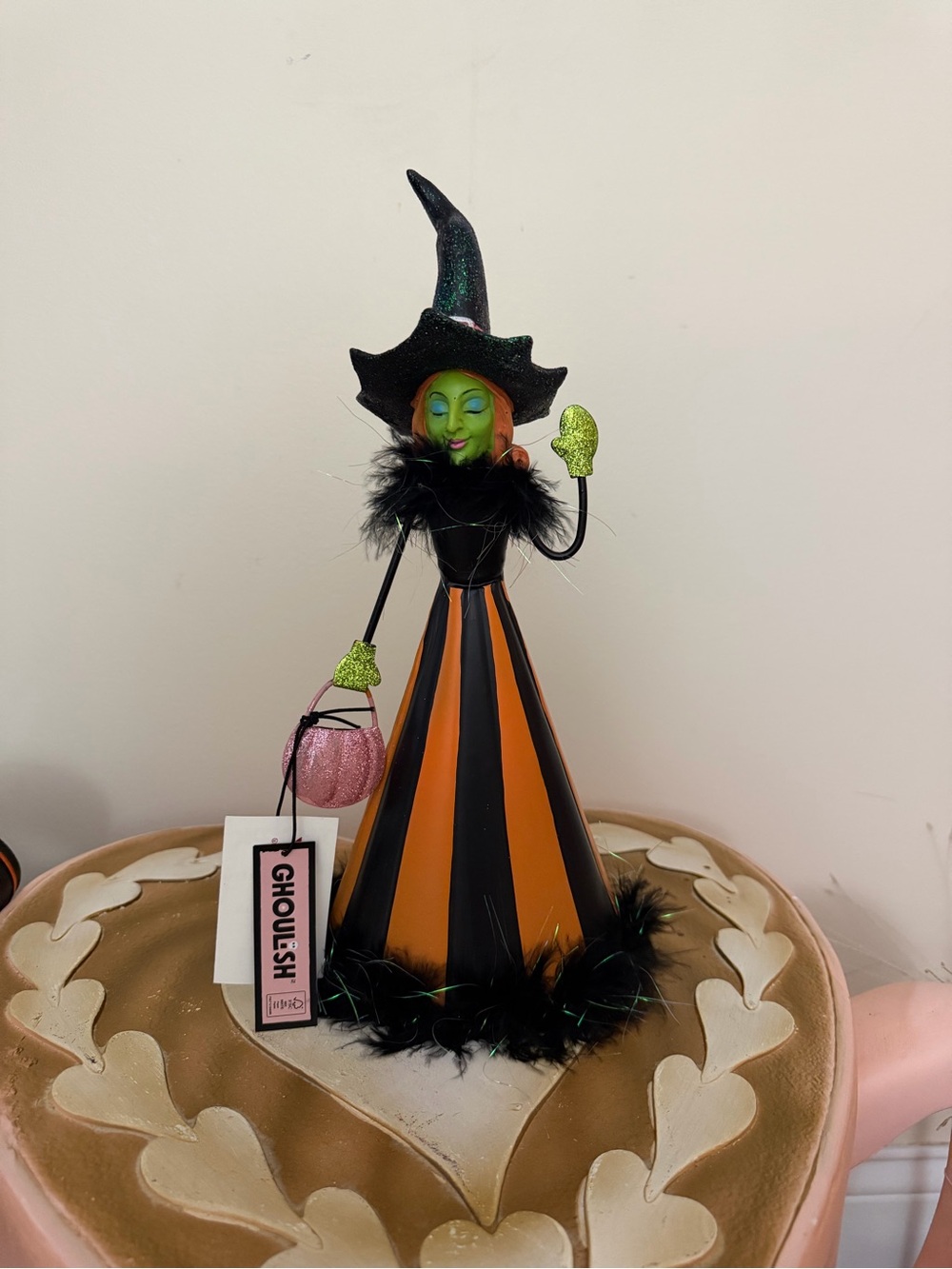Ghoulish Halloween Green Face Metal Witch with Pink Pumpkin